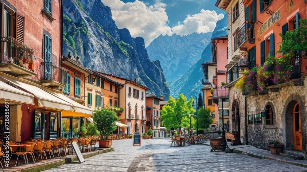 Naklejka premium a painting of a cobblestone street with tables and chairs on either side of the street and a mountain range in the distance with a few clouds in the sky.