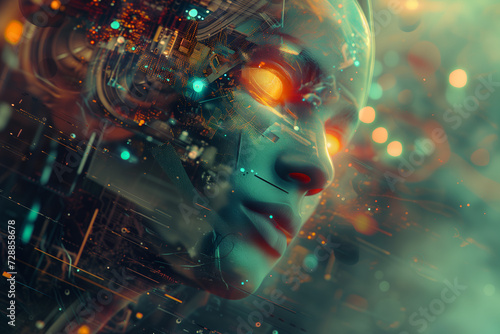 3D abstract web of neural networks futuristic tech background. Artificial intelligence and machine learning concept. Robotic human face.
