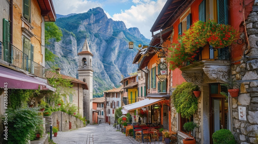 Fototapeta premium a cobblestone street with tables and chairs in front of a building with a steeple in the background and a steeple with a steeple in the foreground.