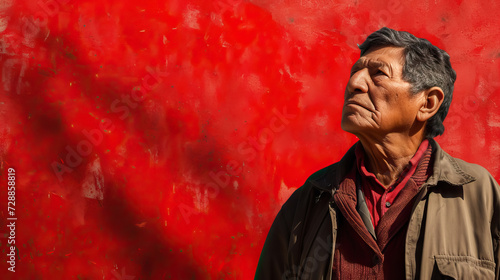 Close up César Chávez on red wave background with copy space - AI Generated Abstract Art