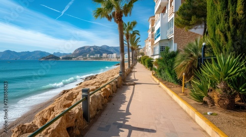 Scenic view of the beautiful town of Albir  featuring the main boulevard promenade  seaside beach  and the Mediterranean Sea