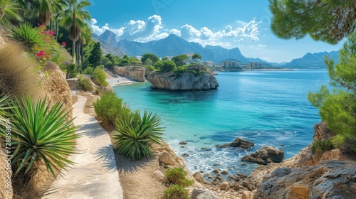 Scenic view of the beautiful town of Albir  featuring the main boulevard promenade  seaside beach  and the Mediterranean Sea