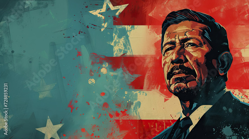 close up César Chávez on abstract USA flag background with copy space - AI Generated Abstract Art 