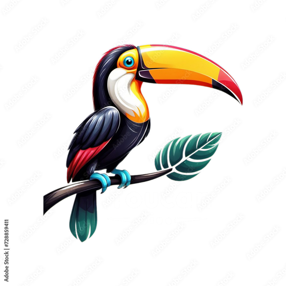 Vibrant and Colorful Illustration of a Toucan Bird Perched on a Branch with Green Leaves, Isolated on White Background Vibrant and Colorful Illustration of a Toucan Bird Perched on a Branch with Green Leaves, Isolated on White Background