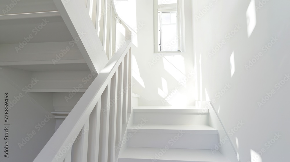 Obraz premium a white staircase leading up to a window in a room with white walls and a window sill on one side of the staircase, and a window on the other side of the.