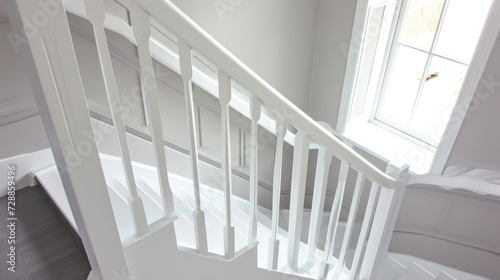  a white stair case in a house with a window on the far side of the stair case and a door on the far side of the stair case in front of the house.