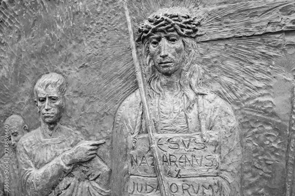 Fototapeta premium The Carrying of the Cross – Fourth Sorrowful Mystery. A relief sculpture on Mount Podbrdo (the Hill of Apparitions) in Medjugorje.