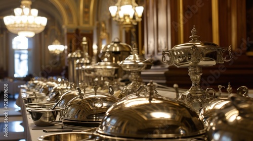  a row of silver pots and pans lined up on a long table in a room with chandeliers and chandeliers hanging from the ceiling to the ceiling.