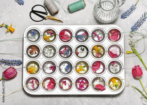 Top view of muffin tin with different flowers, petals and strings init. Making spring garland decor for Easter or Mother's Day with kids.  photo