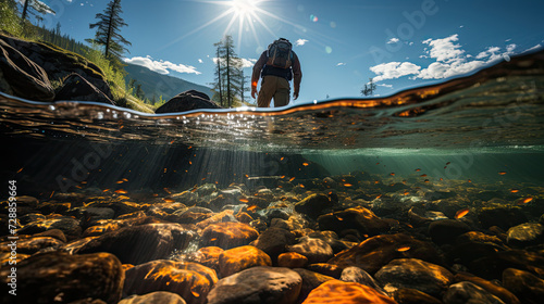 Fishing background, underwater view, Generative AI. 
Fisherman catching trout on a river.	 photo