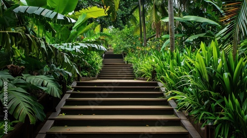  a set of steps that lead up to a lush green area with lots of trees and plants on either side of the steps is a set of wooden steps that lead up to the.