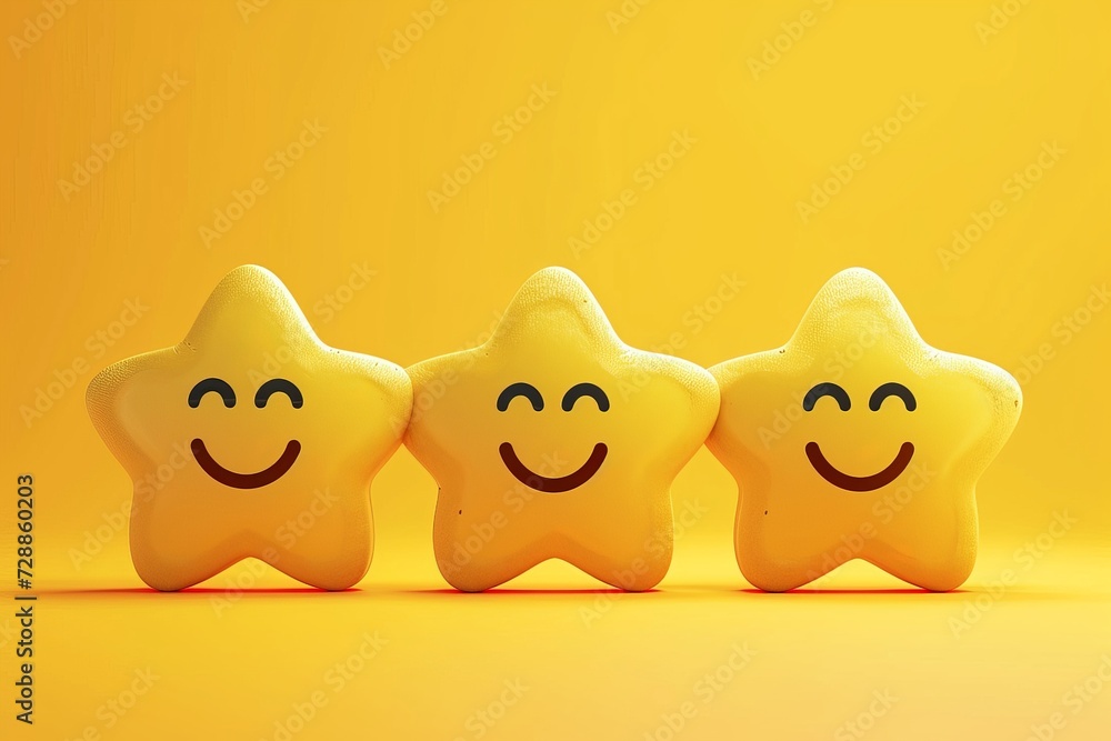 Obraz premium Funny yellow star playful fun, cheerful item toy love, isolated and cartoonish, smiles joy to children. Smiling starling toy positive psychology happiness. Shiny gold star rating customer satisfaction