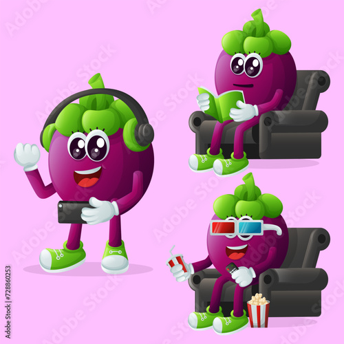 Cute mangosteen characters enjoying leisure activities