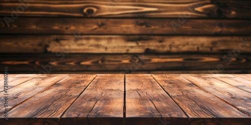 Wooden table with wooden wall background. Table top with copy space for product advertising