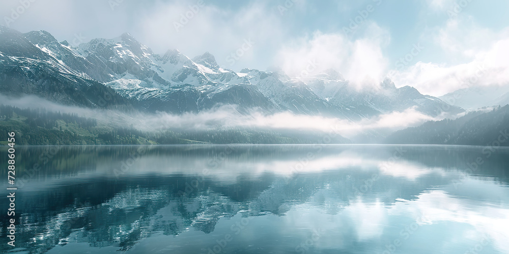 Fototapeta premium Lake panorama in a foggy morning with glaciers