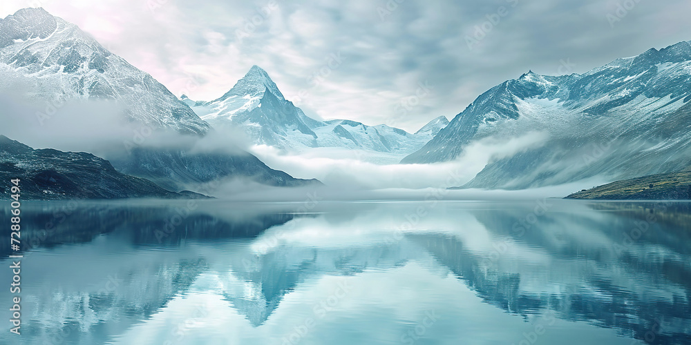 Lake panorama in a foggy morning with glaciers