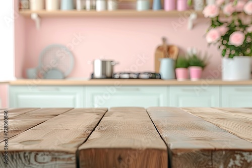Blurred kitchen and wooden desk home background