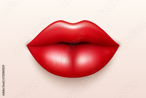 Vector 3d Realistic Red Female Lips. Love, Sexy, Beauty Concept. Fashion, Makeup, Romance Vector Illustration. Glamorous Woman Glossy Lips Closeup. Sensual and Seductive Lipstick Design in Vibrant Red
