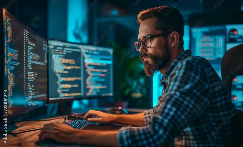 In a modern office setting, a DevOps Engineer, a man wearing glasses, concentrates on reading data on his computer screen alongside data science and financial analysts. Jobs in demand for young men In a modern office setting, a DevOps Engineer, a man wearing glasses, concentrates on reading data on his computer screen alongside data science and financial analysts. Jobs in demand for young men