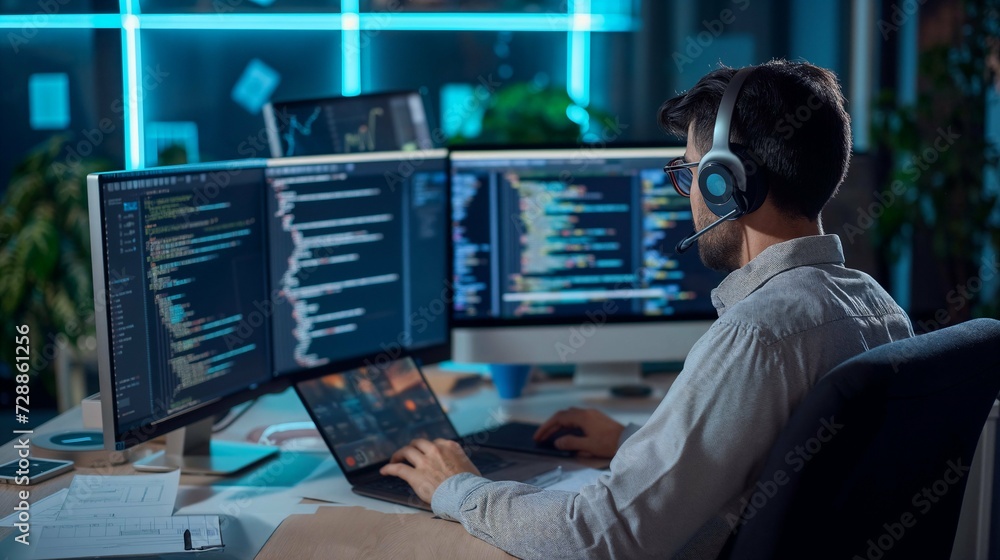In a modern office setting, a DevOps Engineer, a man wearing glasses, concentrates on reading data on his computer screen alongside data science and financial analysts. Jobs in demand for young men In a modern office setting, a DevOps Engineer, a man wearing glasses, concentrates on reading data on his computer screen alongside data science and financial analysts. Jobs in demand for young men
