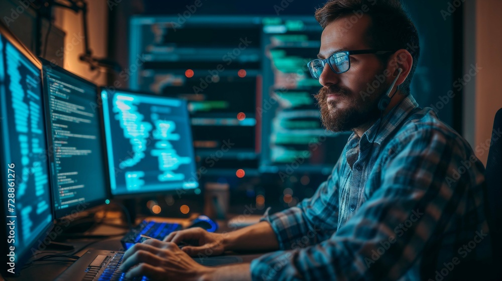 In a modern office setting, a DevOps Engineer, a man wearing glasses, concentrates on reading data on his computer screen alongside data science and financial analysts. Jobs in demand for young men In a modern office setting, a DevOps Engineer, a man wearing glasses, concentrates on reading data on his computer screen alongside data science and financial analysts. Jobs in demand for young men