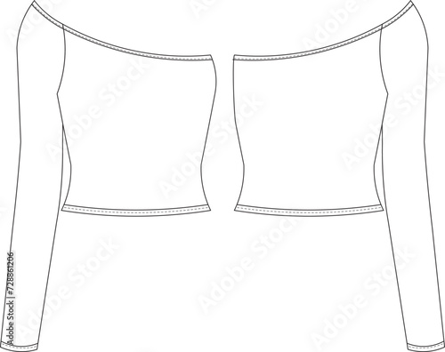 asymmetric boat neck asymmetric long sleeve short blouse template technical drawing flat sketch cad mockup fashion woman design style model
