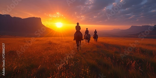 impressive african panoramic landscape, rider in the sunset