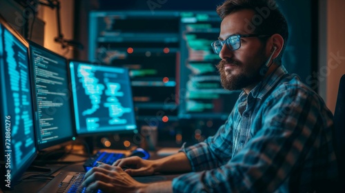 In a modern office setting, a DevOps Engineer, a man wearing glasses, concentrates on reading data on his computer screen alongside data science and financial analysts. Jobs in demand for young men