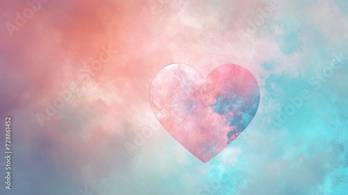  a heart shaped object floating in the air with clouds in the background and a pink and blue sky with clouds in the shape of a heart on the left side of the image.