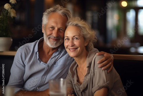 Beautiful middle aged german woman and man sitting on sofa at home, mature senior in living room