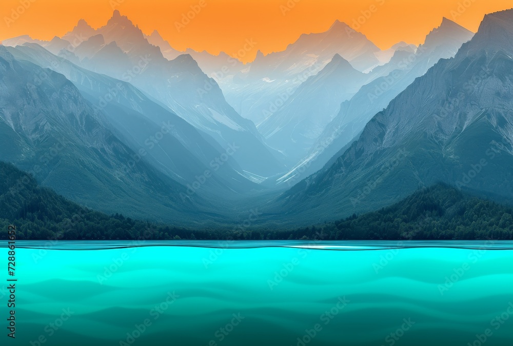 An ethereal landscape of majestic mountains reflected in a serene lake at sunrise, beckoning to be painted by nature's hand