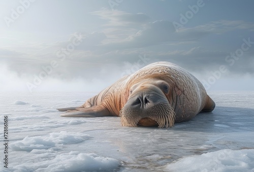 A majestic walrus basks in the crisp winter air, surrounded by the icy waters of the arctic, as curious harbor seals and playful sea lions frolic nearby on the snow-covered beach photo
