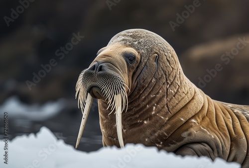 A majestic walrus with glistening white tusks stands gracefully on a snowy shore, embodying the wild beauty of arctic marine life