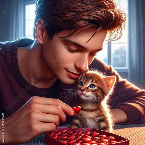 guy feeding kitten, valentine's day