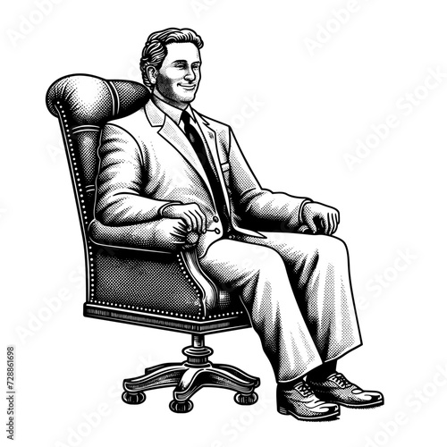 Businessman in a boss chair. Retro black and white vector illustration with halftone shading.