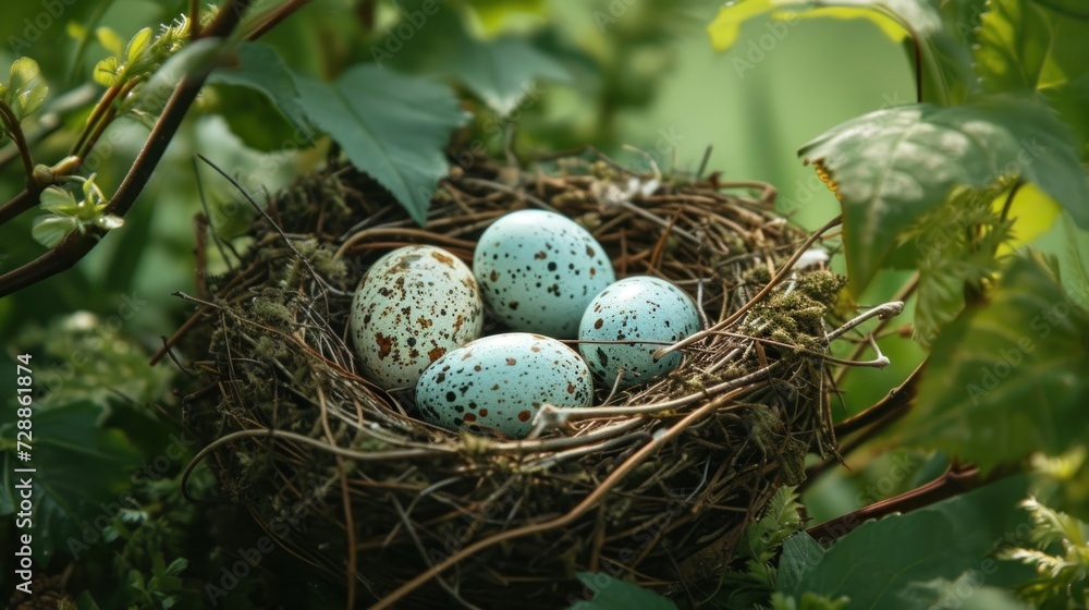 a bird's nest with four eggs sitting in the middle of a leafy tree branch with green leaves on the other side of the nest is a light blue speckled bird's egg. a bird's nest with four eggs sitting in the middle of a leafy tree branch with green leaves on the other side of the nest is a light blue speckled bird's egg.