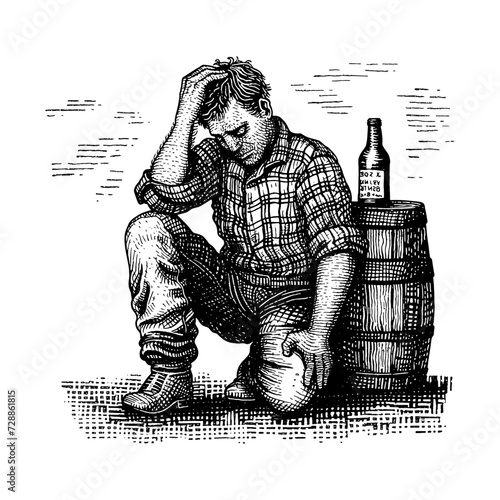Alcoholic in despair. Vintage woodcut engraving style vector illustration.