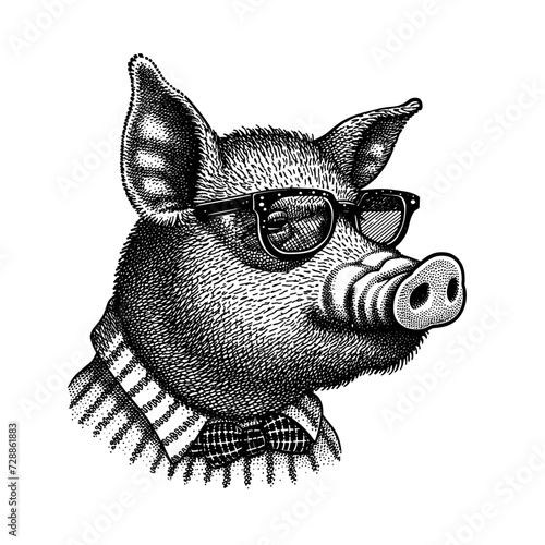 Pig wearing glasses and suit. Funny vintage woodcut engraving style vector illustration.