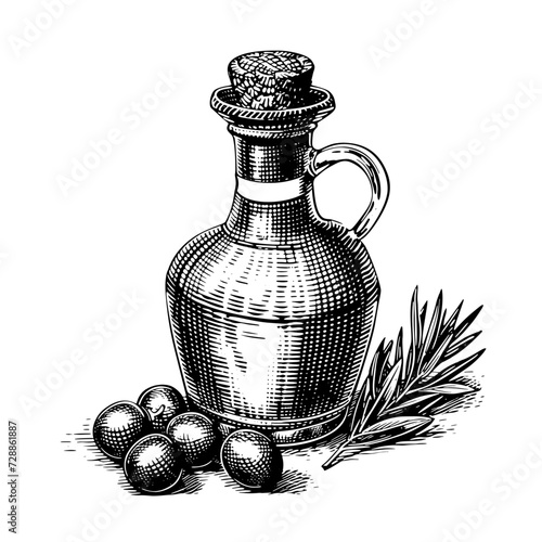 Oilive oil glass picher with olives on a side. Vintage woodcut engraving style vector illustration.