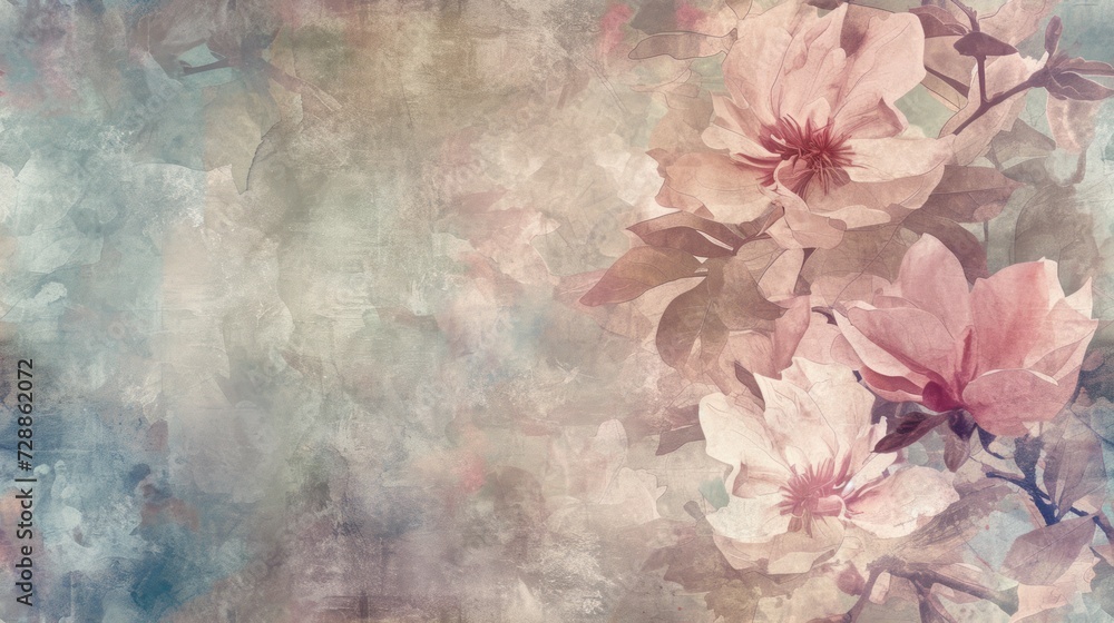  a painting of a bunch of pink flowers on a blue and green background with a grunge effect to the bottom of the image and bottom half of the image.