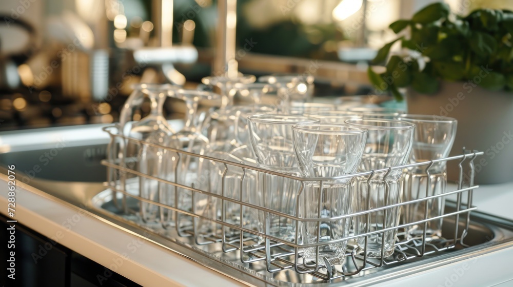  a bunch of empty wine glasses sitting in a dishwasher on a counter next to a potted plant and a mirror in the back of the dishwasher.