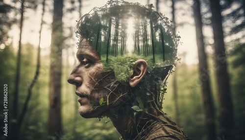 Double exposure head with forest background, nature, planet - AI Generated
