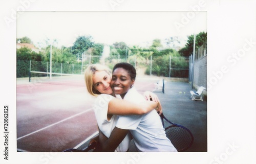 Female Tennis Couple Smiling and embracing on a tennis court, retro toned. Happiness Playful Sport Concept.