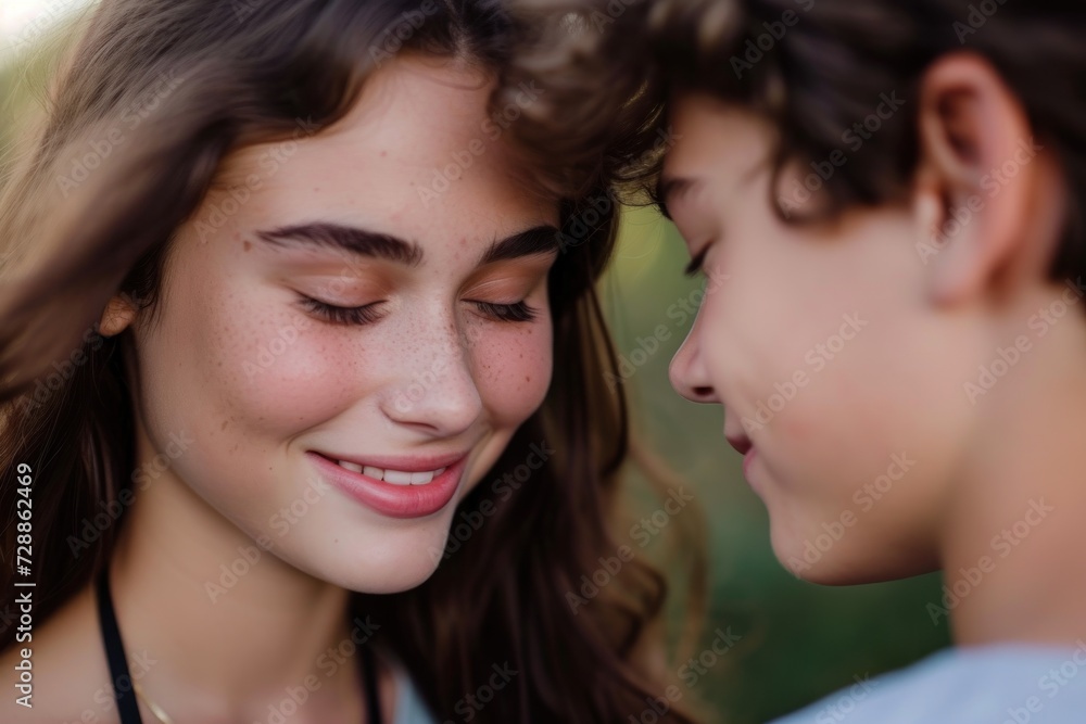 Two young happy teenagers in love close up portrait in cinematic style for Valentine's day. Two young happy teenagers in love close up portrait in cinematic style for Valentine's day.