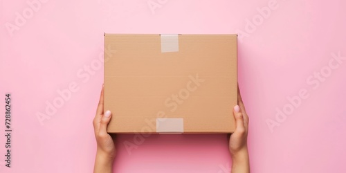 Female hand holding brown cardboard box on pastel pink background. Top view to mockup parcel box. Packaging, shopping, delivery concept © StockWorld
