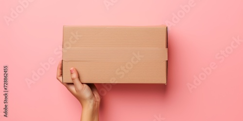Female hand holding brown cardboard box on pastel pink background. Top view to mockup parcel box. Packaging, shopping, delivery concept photo