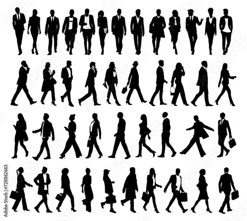 Silhouettes of business people walking, men and women full length front, side, back view. Crowd of people Vector illustrations isolated black on transparent background . Avatar, icons for website.