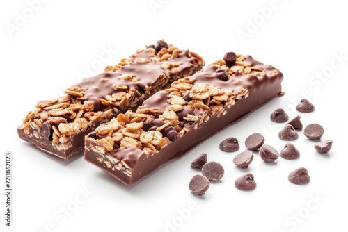Chocolate granola bar on white background