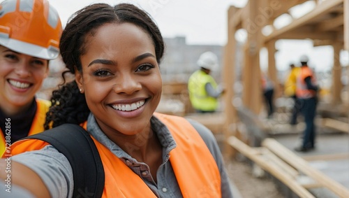 Close-up selfie of a young, attractive black female construction worker smiling on a building site, wearing a reflective orange vest and white safety helmet, with a construction crew in the background © Tom