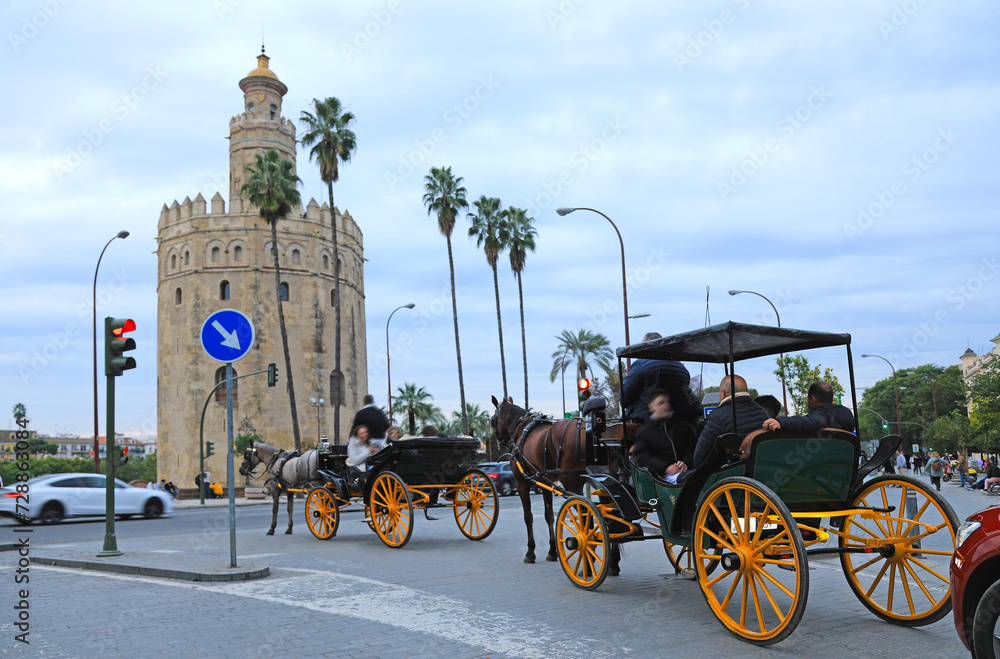 Obraz premium sevilla torre del oro carruaje de caballos con turistas de visita por la ciudad 4M0A5655-as24